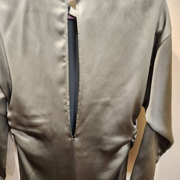 ZARA Olive Green Satin 3/4 Sleeve High Side Slits Midi Dress Top XS - Picture 5 of 13